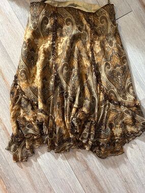 Women’s Brown Paisley Chiffon Ruffled Skirt mid length flared layered size XL